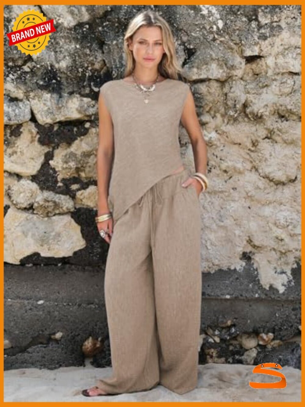 Summer Two Piece Set Cotton Asymmetrical Tank Top Wide Leg Pants Lounge Wear - Picture 4 of 7